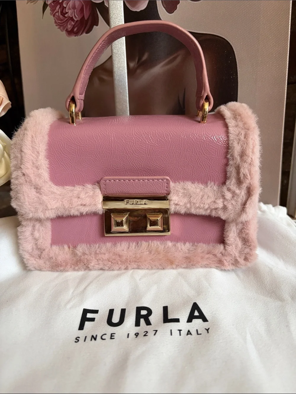 Furla Dusty Pink Faux-Fur Trim Mini Top Handle Satchel